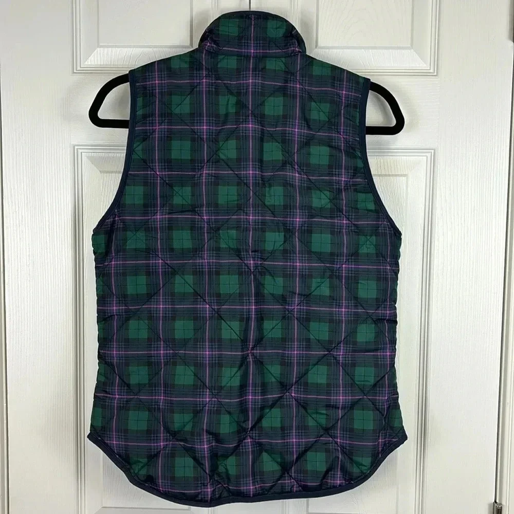 J. Crew navy, green and purple tartan zip up puffer vest sz xs